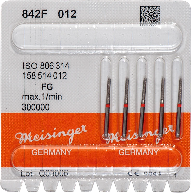 Diamanten 842  Packung  5 Stück rot fein, FG, Figur 158 Zylinder abgerundet, 8 mm, ISO 012