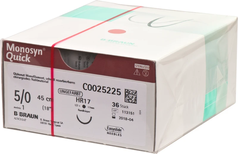Monosyn® Quick  Packung  36 Stück ungefärbt, 45 cm, HR17, 1\2 Kreis, Rundkörper, 17 mm, USP 5\0