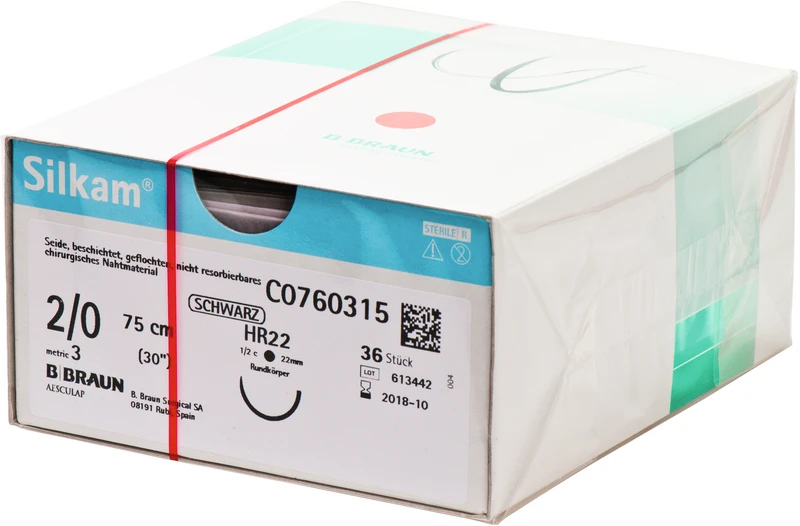 Silkam®  Packung  36 Stück schwarz, 75 cm, HR22, 1\2 Kreis, Rundkörper, 22 mm, USP 2\0