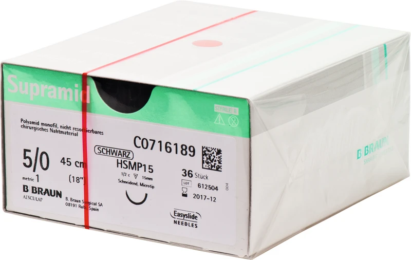 Supramid  Packung  36 Stück schwarz, 45 cm, HSM15, 1\2 Kreis, schneidend, Mikrospitze, 15 mm, USP 5\0