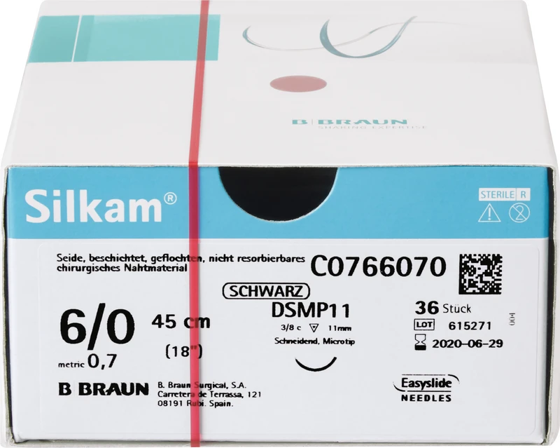 Silkam®  Packung  36 Stück schwarz, 45 cm, DSMP11, 3\8 Kreis, schneidend, Mikropräzision, 11 mm, USP 6\0