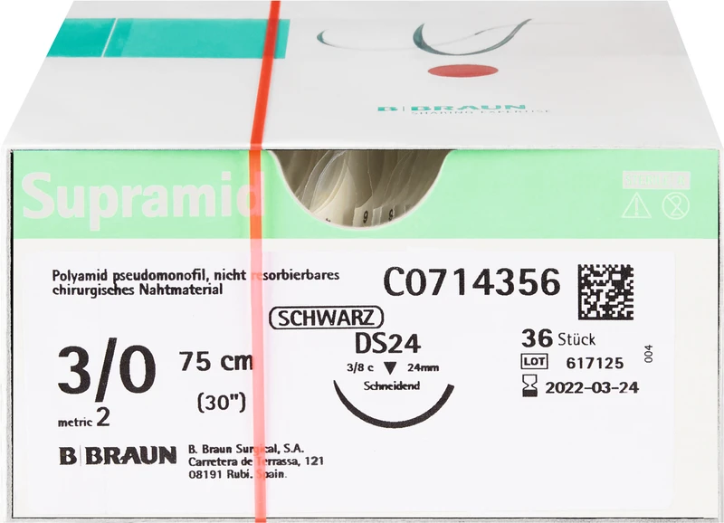Supramid  Packung  36 Stück schwarz, 45 cm, DS24, 3\8 Kreis, schneidend, 24 mm, USP 3\0