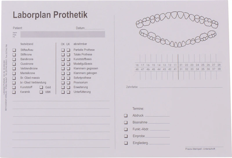 Laborplan-Prothetik   Stück  100 Blatt