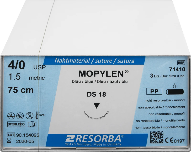 MOPYLEN®  Packung  36 Stück blau, 75 cm, HRT18, 1\2 Kreis, schneidende Rundkörper, 18 mm, USP 4\0