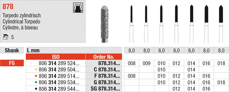 Diamanten 878  Packung  5 Stück grün grob, FG, Figur 289 Torpedo zylindrisch, 8 mm, ISO 014