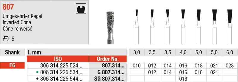 Diamanten 807  Packung  5 Stück grün grob, FG, Figur 225 umgekehrter Kegel, 3,5 mm, ISO 012