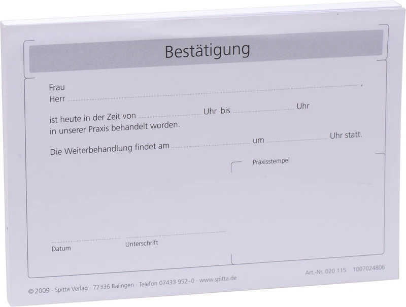 Bestätigung einer Behandlung   Stück  100 Blatt
