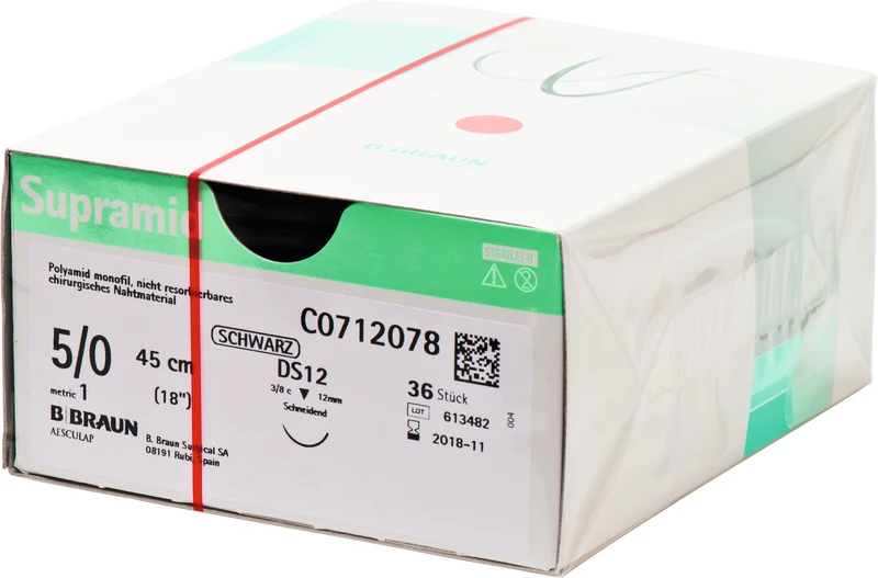 Supramid  Packung  36 Stück schwarz, 45 cm, DS12, 3\8 Kreis, schneidend, 12 mm, USP 5\0