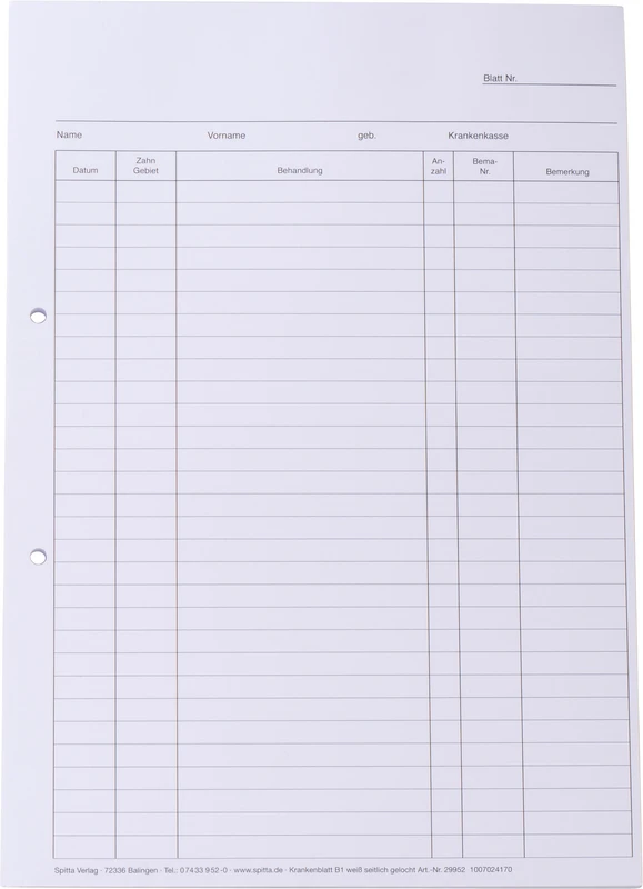 Krankenblatt B1   Stück  100 Blatt für DIN A4-Karteikarte