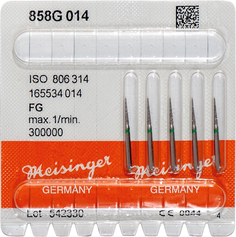 Diamanten 858  Packung  5 Stück grün grob, FG, Figur 165 kon. spitz, Nadel, 8 mm, ISO 014