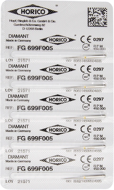 Diamantschleifer 699  Packung  5 Stück gelb x-fein, FG, Figur 699, 3 mm, ISO 005