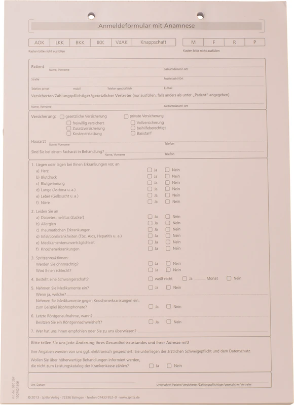 Anmeldeformulare Anamnese   Stück  100 Blatt A4, zum Ankreuzen