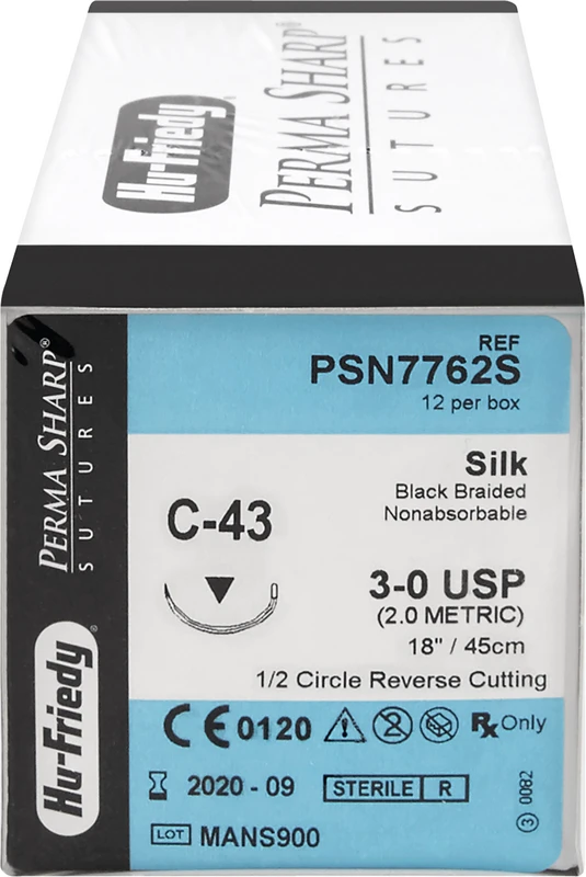 Perma Sharp Seide  Packung  12 Stück schwarz, 45 cm, C-43, 1\2 Kreis, schneidend, Rückstisch, 16,2 mm, USP 3\0