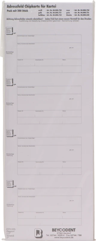Adressfeld 730 für Chipkartenausdruck  Packung  200 Stück weiß