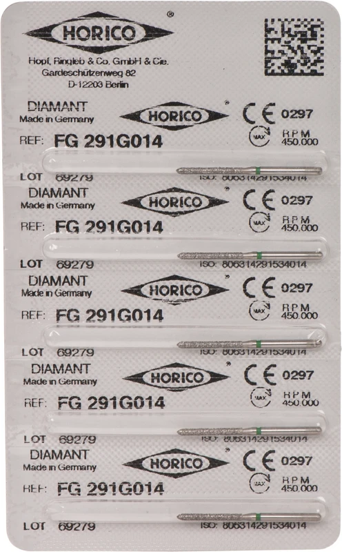 Diamantschleifer 291  Packung  5 Stück grün grob, FG, Figur 291, 11,5 mm, ISO 014