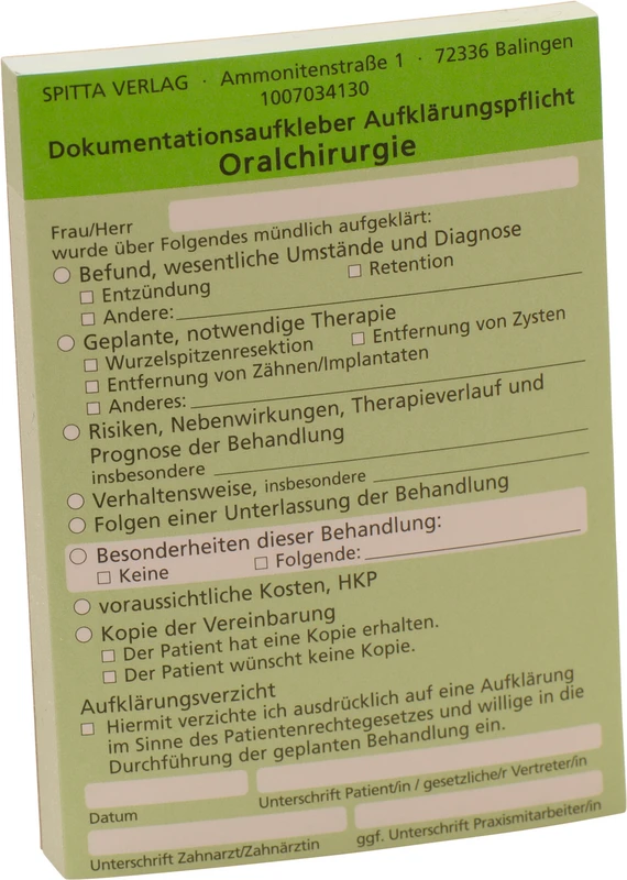 Dokumentationsaufkleber Aufklärungspflicht   Stück  50 Blatt Oralchirurgie, grün