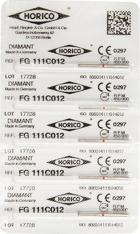 Diamantschleifer 111  Packung  5 Stück rot fein, FG, Figur 111, 8 mm, ISO 012