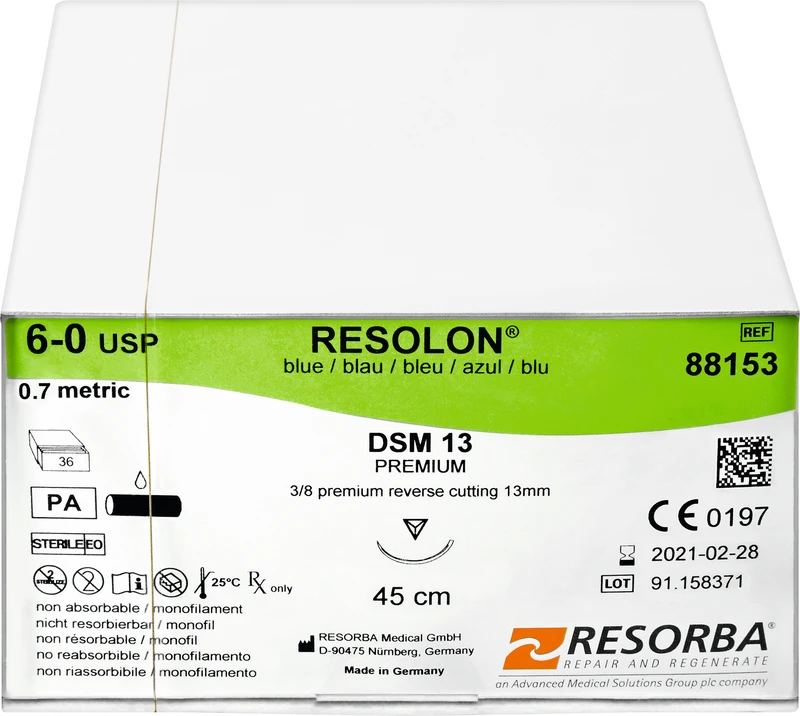 RESOLON®  Packung  36 Stück blau, 45 cm, DSM13, 3\8 Kreis, außen schneidend, 13 mm, USP 6\0