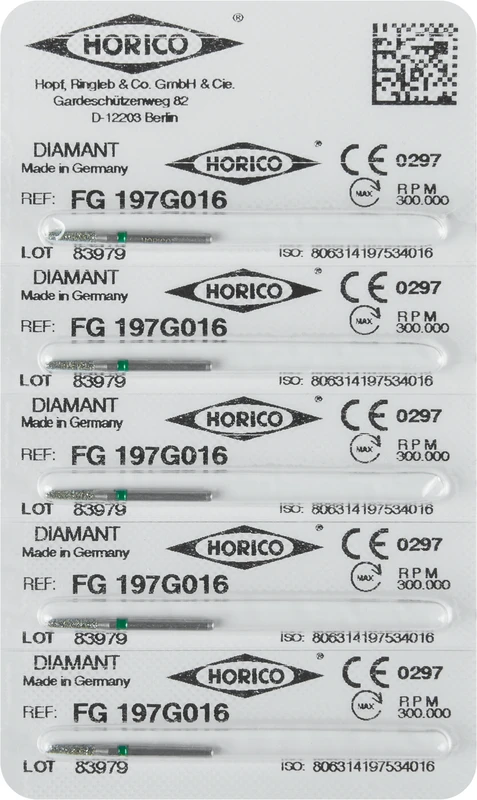 Diamantschleifer 197  Packung  5 Stück grün grob, FG, Figur 197, 6 mm, ISO 016