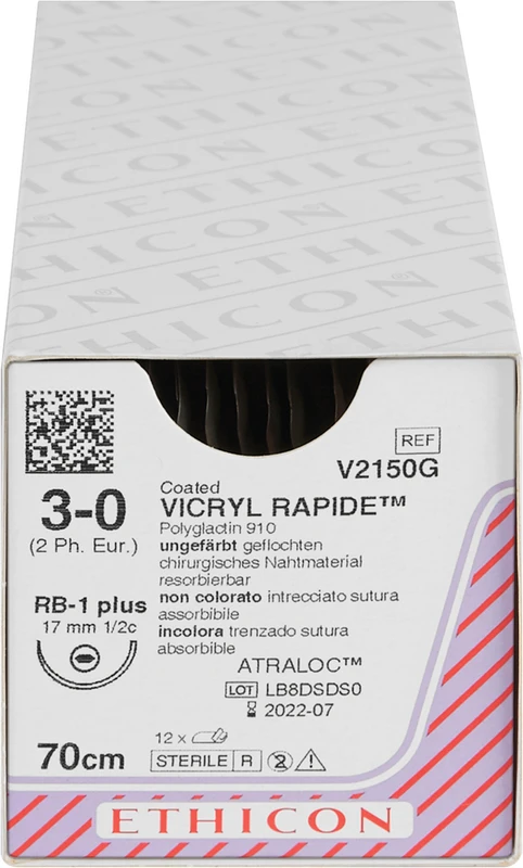 VICRYL RAPIDE  Packung  12 Stück ungefärbt, 70 cm, RB1 PLUS, 1\2 Kreis, Rundkörper, flach, 17 mm, USP 3\0