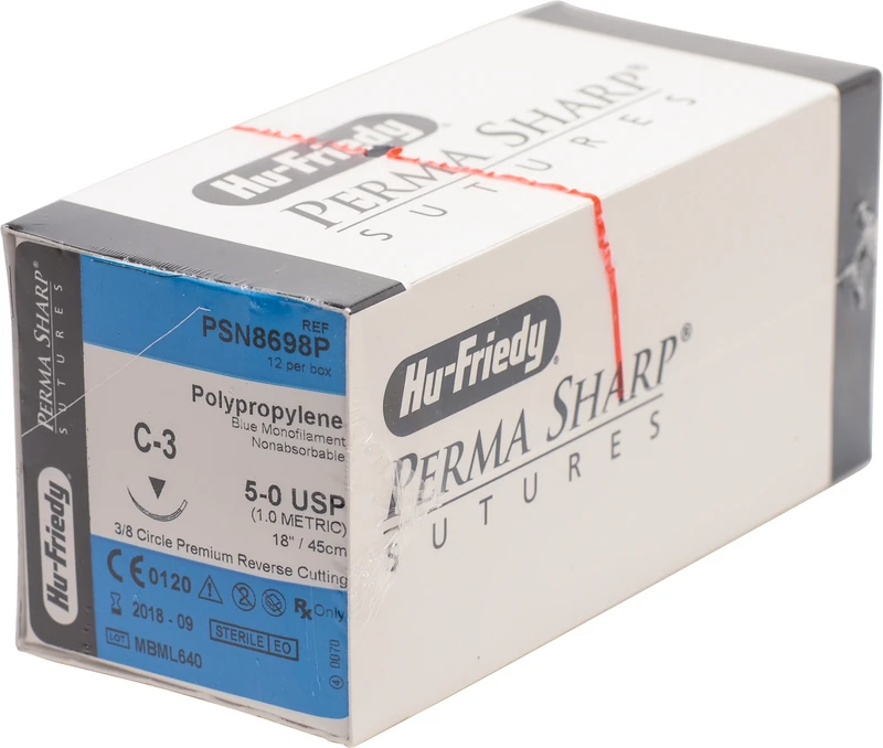 Perma Sharp Polypropylen  Packung  12 Stück blau, 45 cm, C-3, 3\8 Kreis, schneidend, Premium-Rückstich, 13 mm, USP 5\0