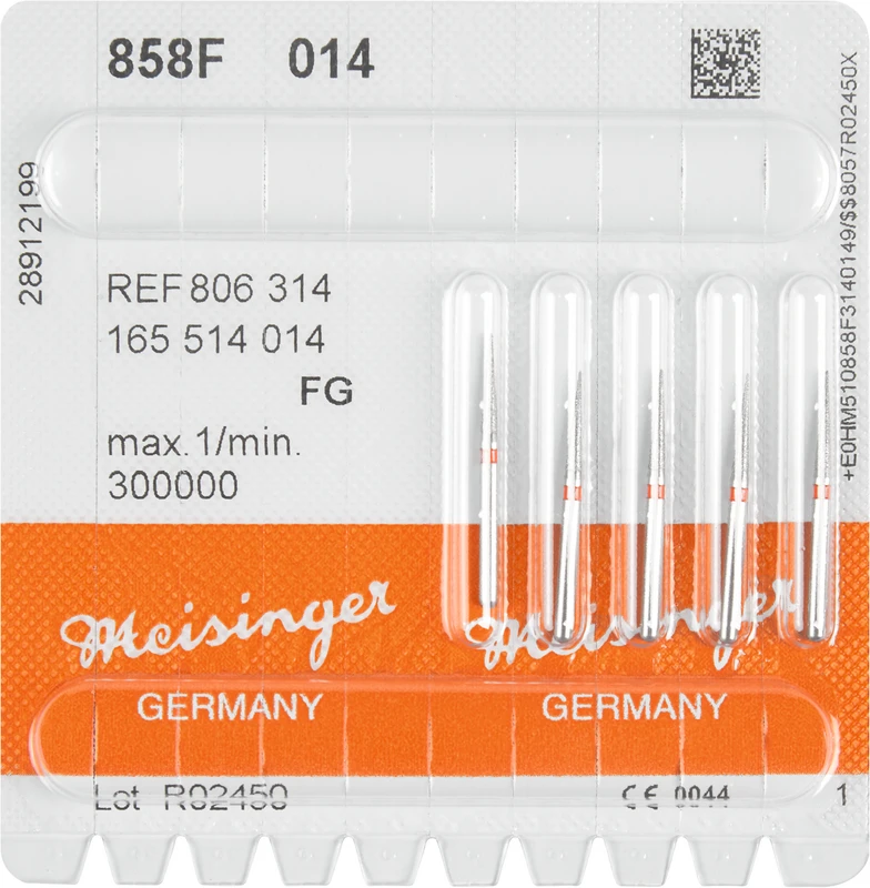 Diamanten 858  Packung  5 Stück rot fein, FG, Figur 165 kon. spitz, Nadel, 8 mm, ISO 014