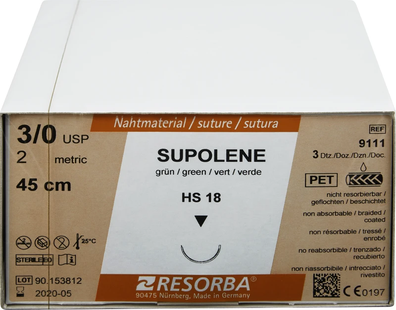 RESORBA® Supolene  Packung  36 Stück grün, 45 cm, HS18, 1\2 Kreis, außen schneidend, 18 mm, USP 3\0