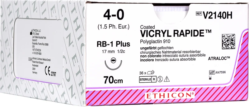 VICRYL RAPIDE  Packung  36 Stück ungefärbt, 70 cm, RB1 PLUS, 1\2 Kreis, Rundkörper, flach, 17 mm, USP 4\0