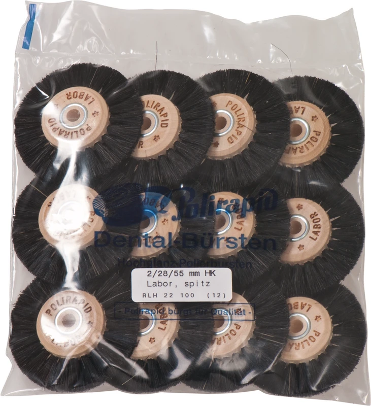 Labor Rundbürsten  Packung  12 Stück mit HK, 2-reihig, Chungking schwarz, spitz, Kern: Ø 28 mm, Außen: Ø 55 mm