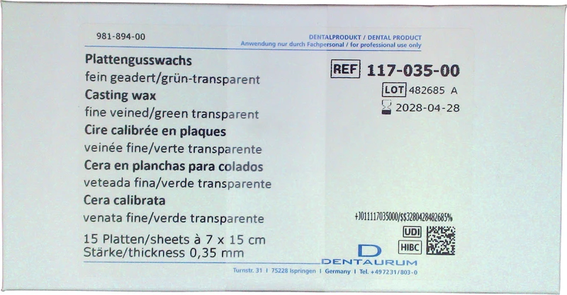 Plattenwachs  Packung  15 Stück Standard, grün, fein geadert, 0,35 mm