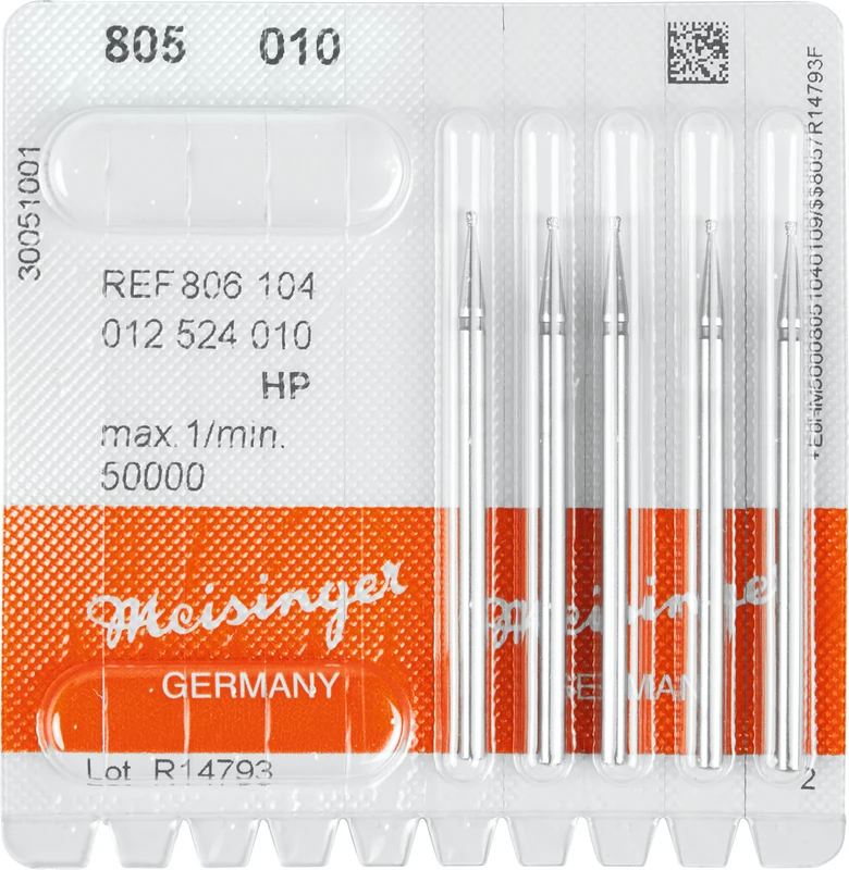 Diamanten 805  Packung  5 Stück blau mittel, HP, Figur 012 umgek. Kegel, Kante scharf, 1 mm, ISO 010