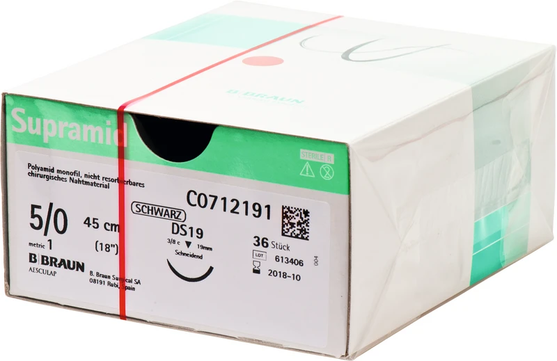 Supramid  Packung  36 Stück schwarz, 45 cm, DS19, 3\8 Kreis, schneidend, 19 mm, USP 5\0