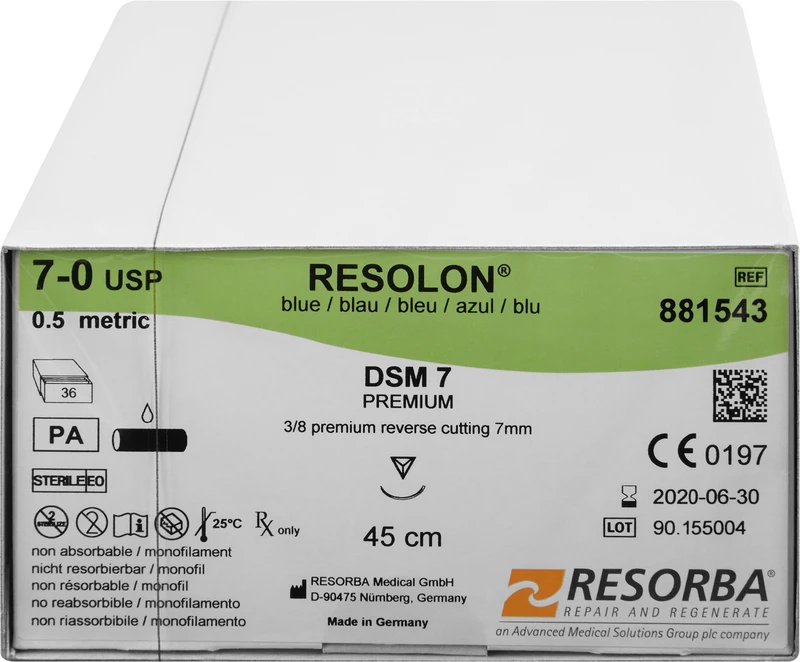 RESOLON®  Packung  36 Stück blau, 45 cm, DSM7, 3\8 Kreis, außen schneidend, Premium-Schliff, 7 mm, USP 7\0