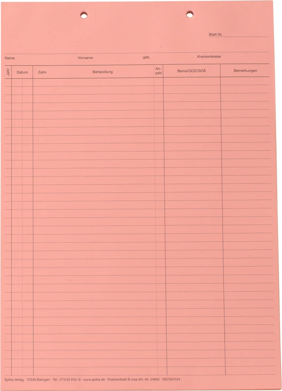 Krankenblatt B   Stück  100 Blatt rosa, kopfgelocht, für DIN A5