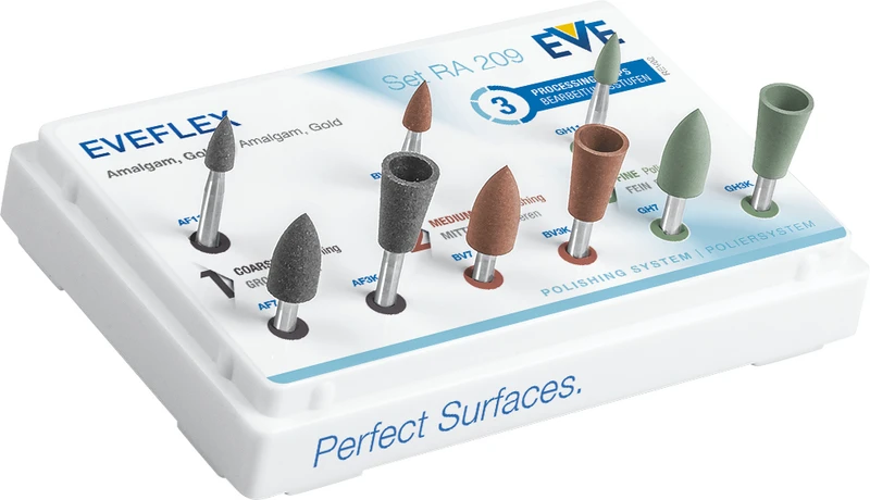 EVEFLEX Polierer  Set  9 Stück (3 x schwarz, 3 x rot, 3 x grün), RA, Figuren umgekehrter Kegel, Torpedo, Flamme