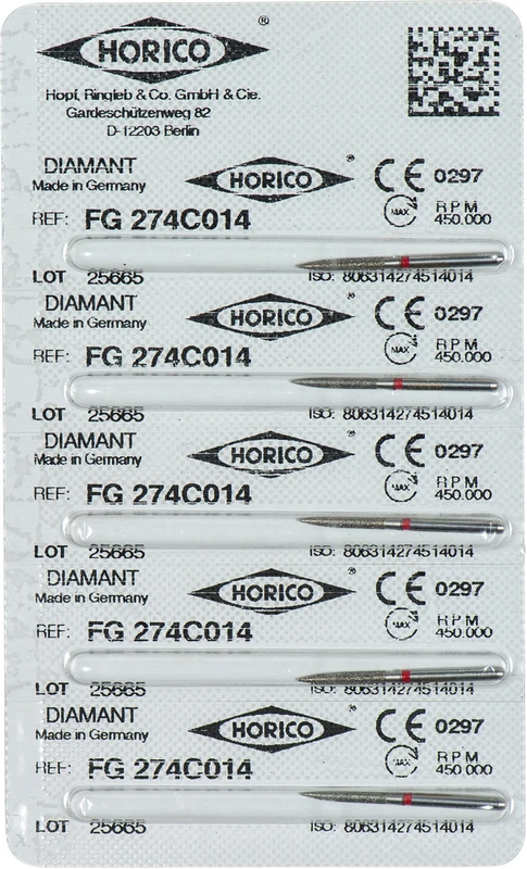 Diamantschleifer 274  Packung  5 Stück rot fein, FG, Figur 274, 10 mm, ISO 014