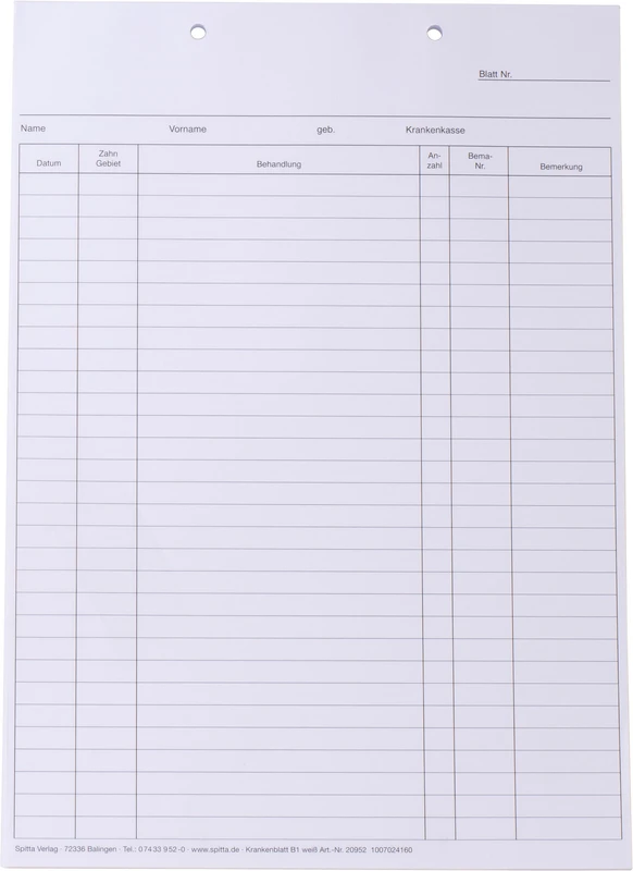 Krankenblatt B1   Stück  100 Blatt für DIN A5-Karteikarte