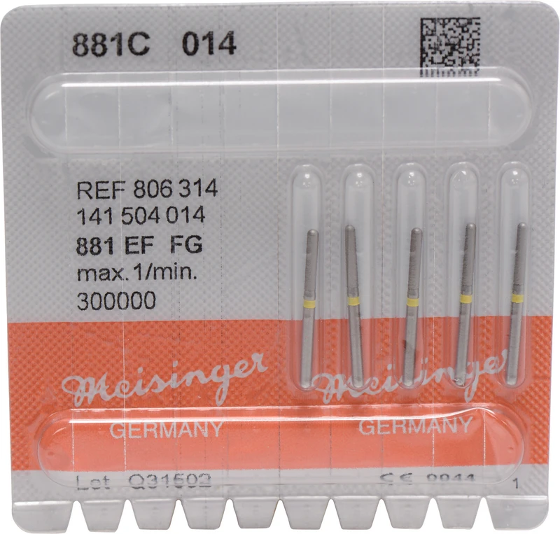 Diamanten 881  Packung  5 Stück gelb extra fein, FG, Figur 141 Zylinder rund, 8 mm, ISO 014