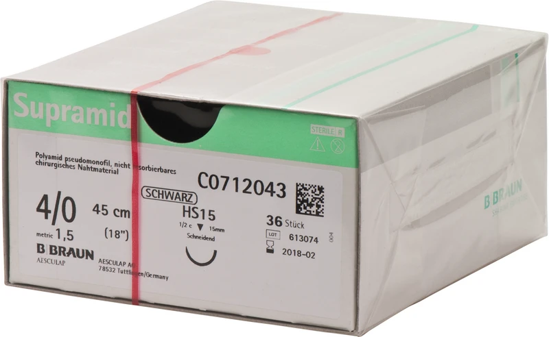 Supramid  Packung  36 Stück schwarz, 45 cm, HS15, 1\2 Kreis, schneidend, 15 mm, USP 4\0