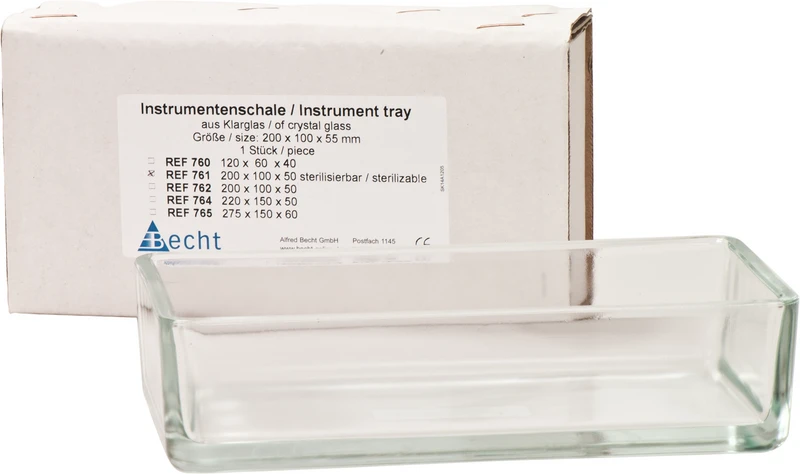 Klarglas-Instrumentenschale  Stück  Nr. 761, 200 x 100 x 50 mm, autoklavierbar