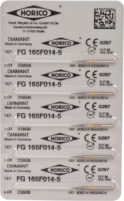 Diamantschleifer 165  Packung  5 Stück gelb x-fein, FG, Figur 165, 8 mm, ISO 014