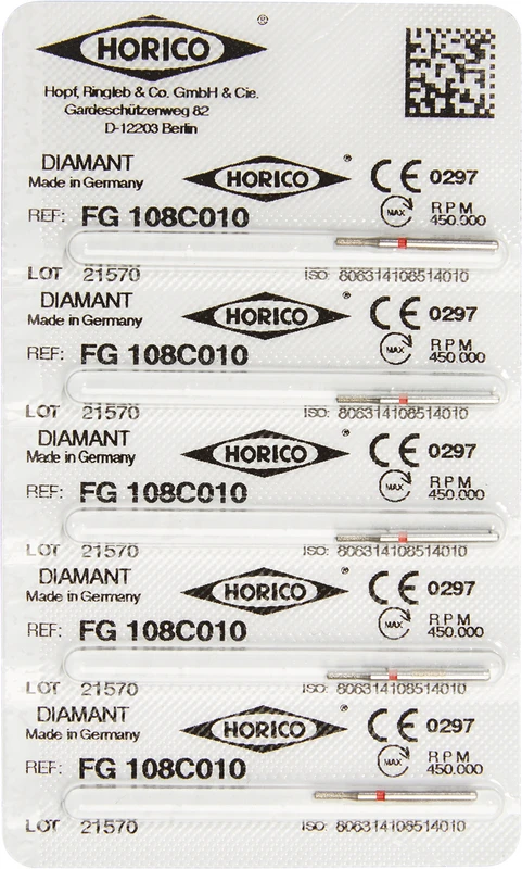 Diamantschleifer 108  Packung  5 Stück rot fein, FG, Figur 108, 3 mm, ISO ISO 010