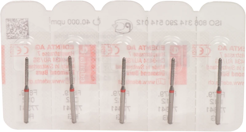 Omni Diamanten 879  Packung  5 Stück rot fein, FG, Figur 290 Torpedo zylindrisch, 10 mm, ISO 012