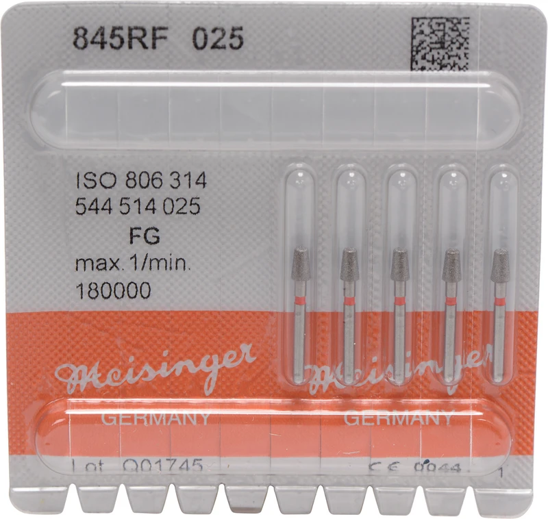 Diamanten 845  Packung  5 Stück rot fein, FG, Figur 544 Konus Kante abgerundet, 4 mm, ISO 025