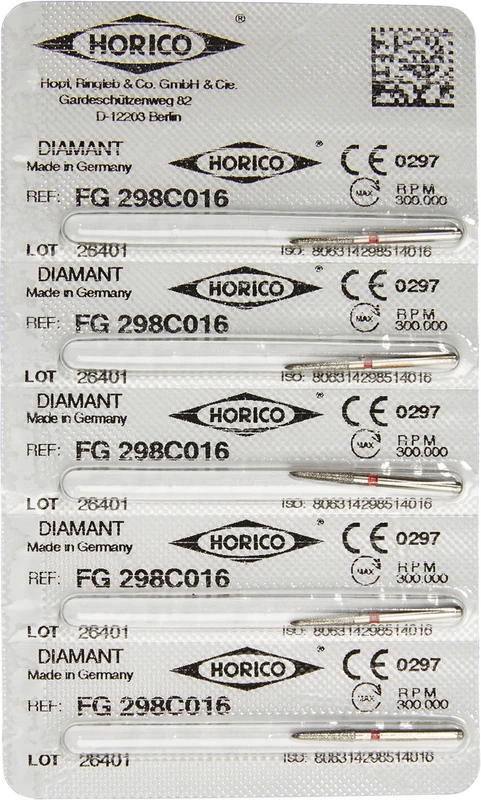 Diamantschleifer 298  Packung  5 Stück rot fein, FG, Figur 298, 8 mm, ISO 016