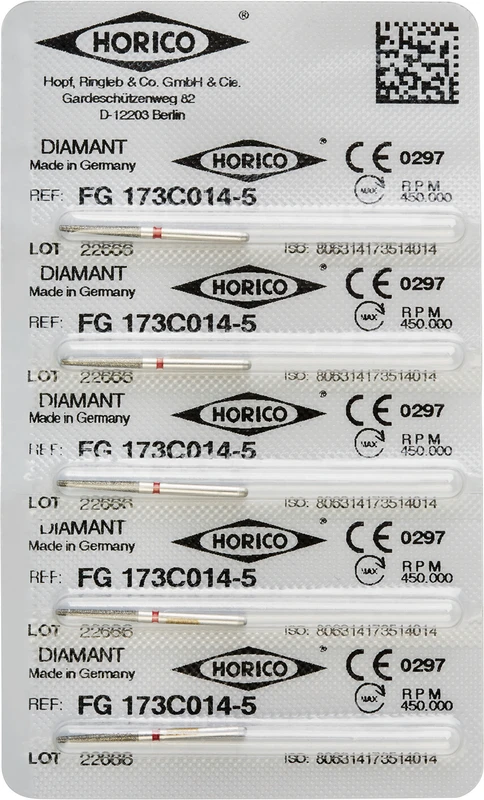 Diamantschleifer 173  Packung  5 Stück rot fein, FG, Figur 173, 10 mm, ISO 014