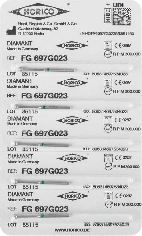 Diamantschleifer 697  Packung  5 Stück grün grob, FG, Figur 697, ISO 023