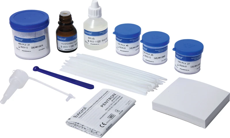 Evicrol  Set  40 g Grundfarbton, 3 x 10 g Zusatzfarbtöne, 26 g Liquidum, 14 g Ätzlösung, Zubehör
