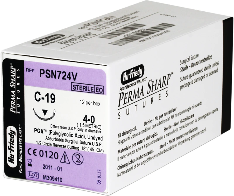 Perma Sharp PGA  Packung  12 Stück ungefärbt, 45 cm, C-19, 1\2 Kreis, schneidend, Rückstich, 18,3 mm, USP 4\0