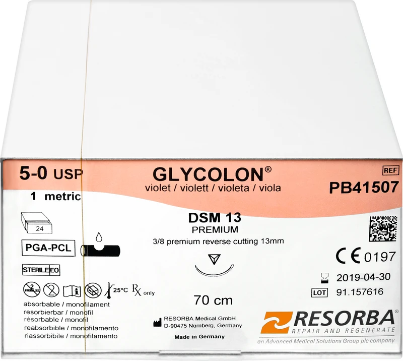 Glycolon® Monofil  Packung  24 Stück violett, 70 cm, DSM13, 3\8 Kreis, außen schneidend, Premium-Schliff, 13 mm, USP 5\0